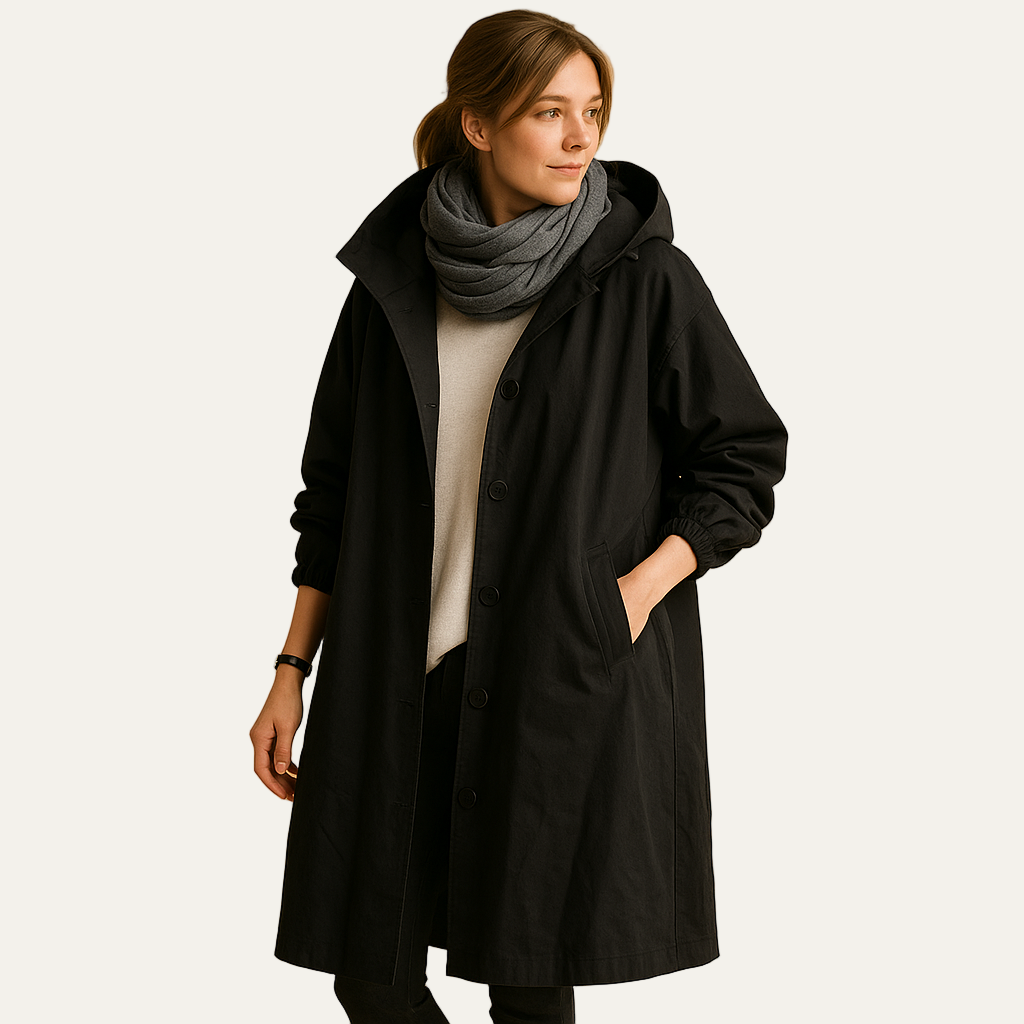 Womens Mid-Length Parka with Hood and Funnel Neck
