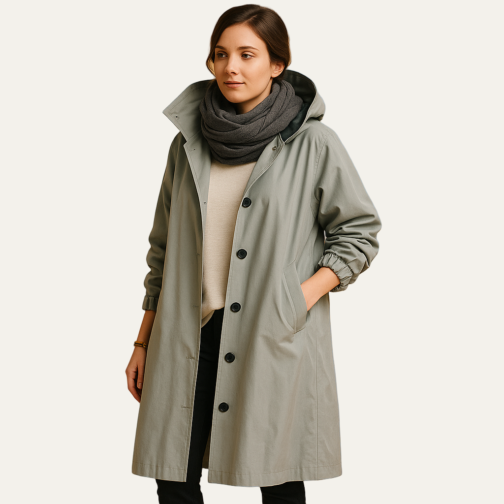 Womens Mid-Length Parka with Hood and Funnel Neck
