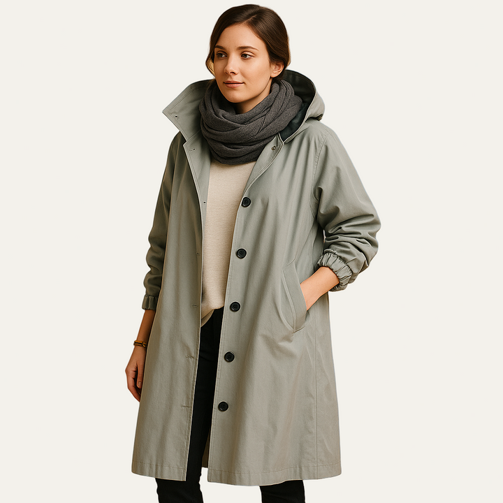Womens Mid-Length Parka with Hood and Funnel Neck