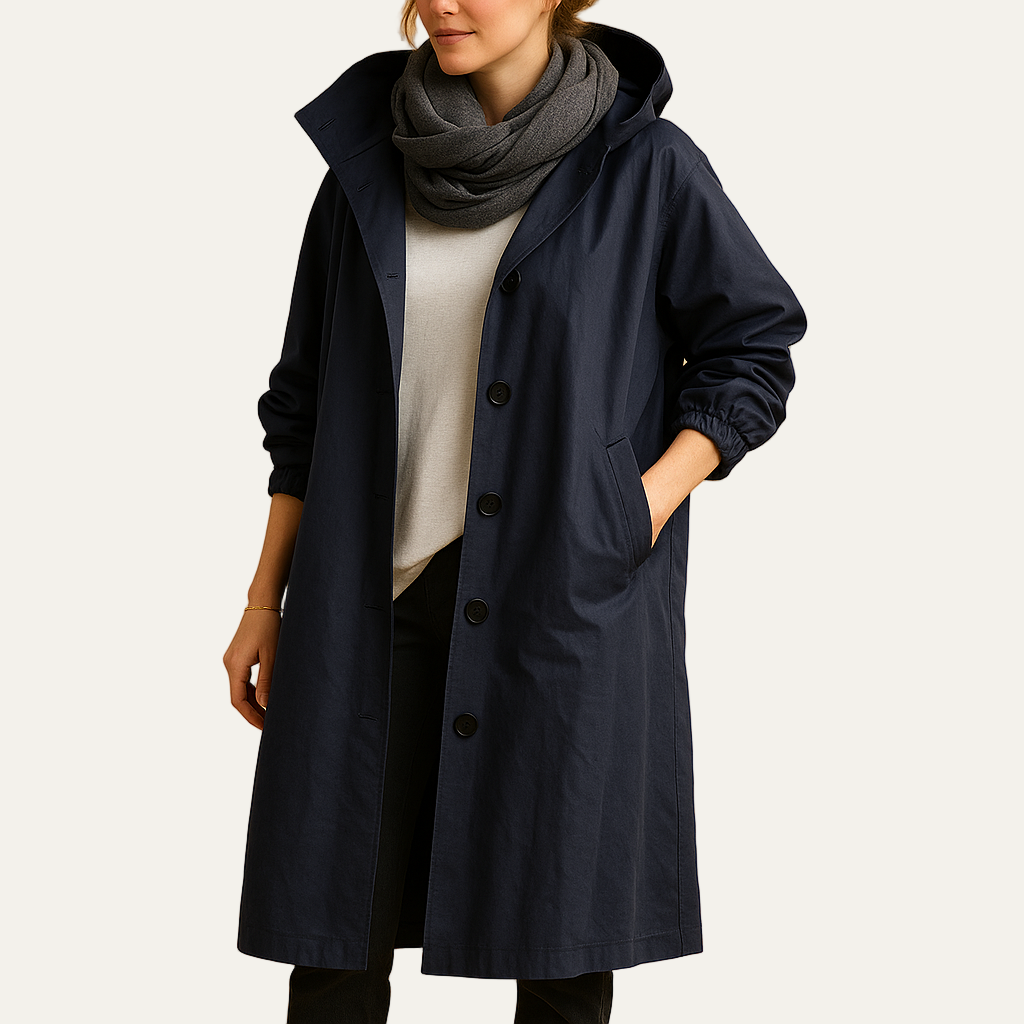 Womens Mid-Length Parka with Hood and Funnel Neck