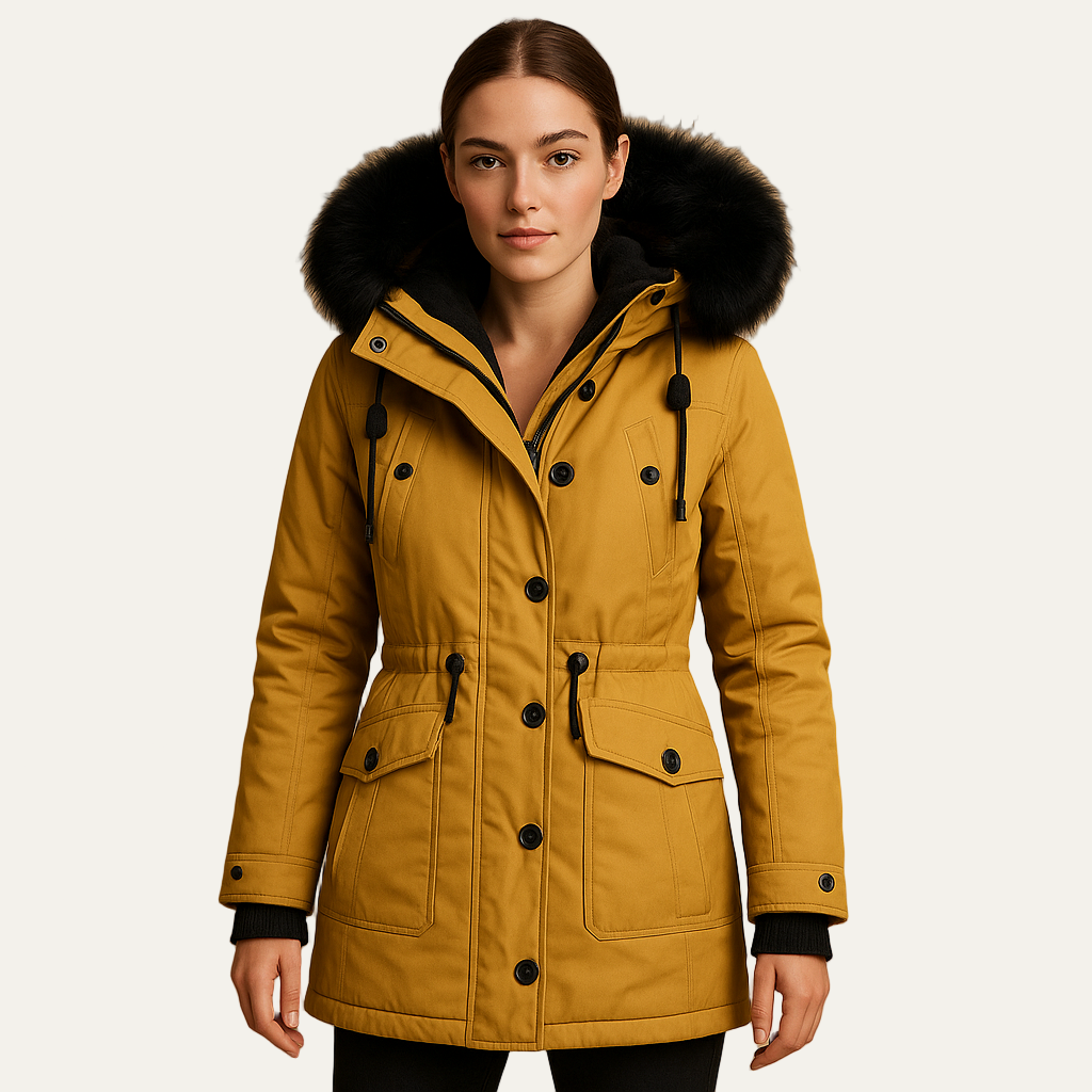 Womens Faux Fur Hooded Parka Cinched Waist