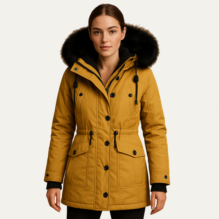 Womens Faux Fur Hooded Parka Cinched Waist