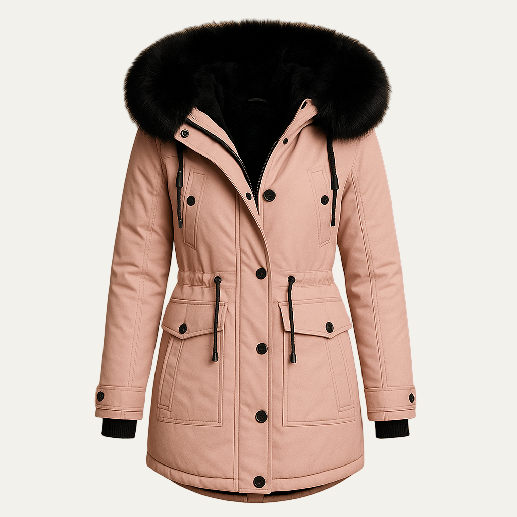 Womens Faux Fur Hooded Parka Cinched Waist