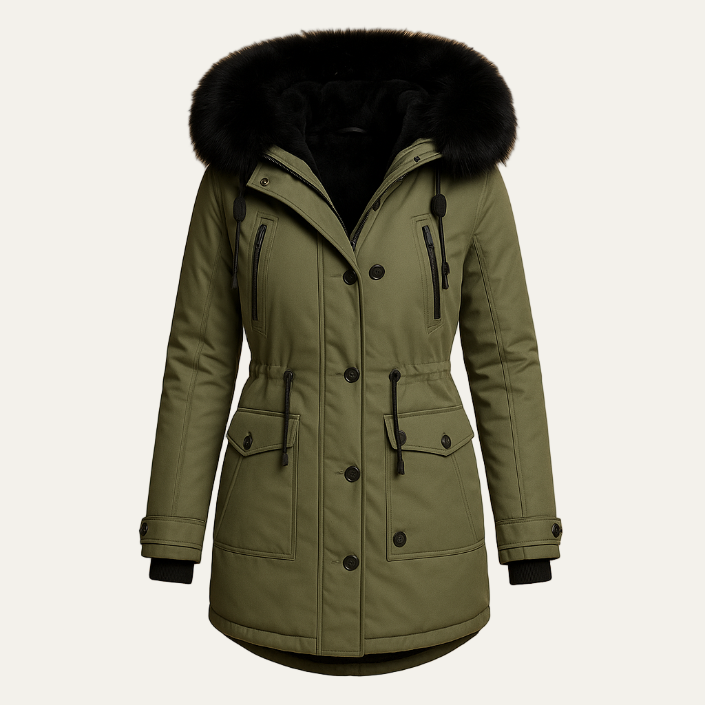 Womens Faux Fur Hooded Parka Cinched Waist