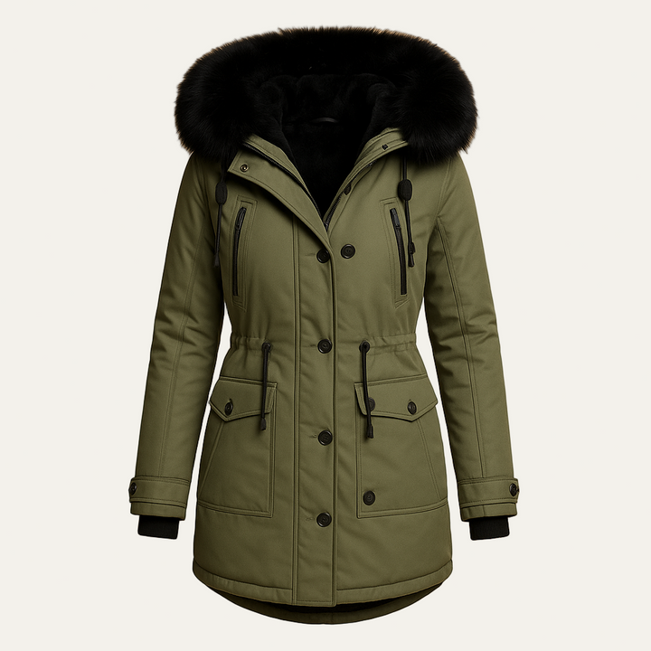 Womens Faux Fur Hooded Parka Cinched Waist