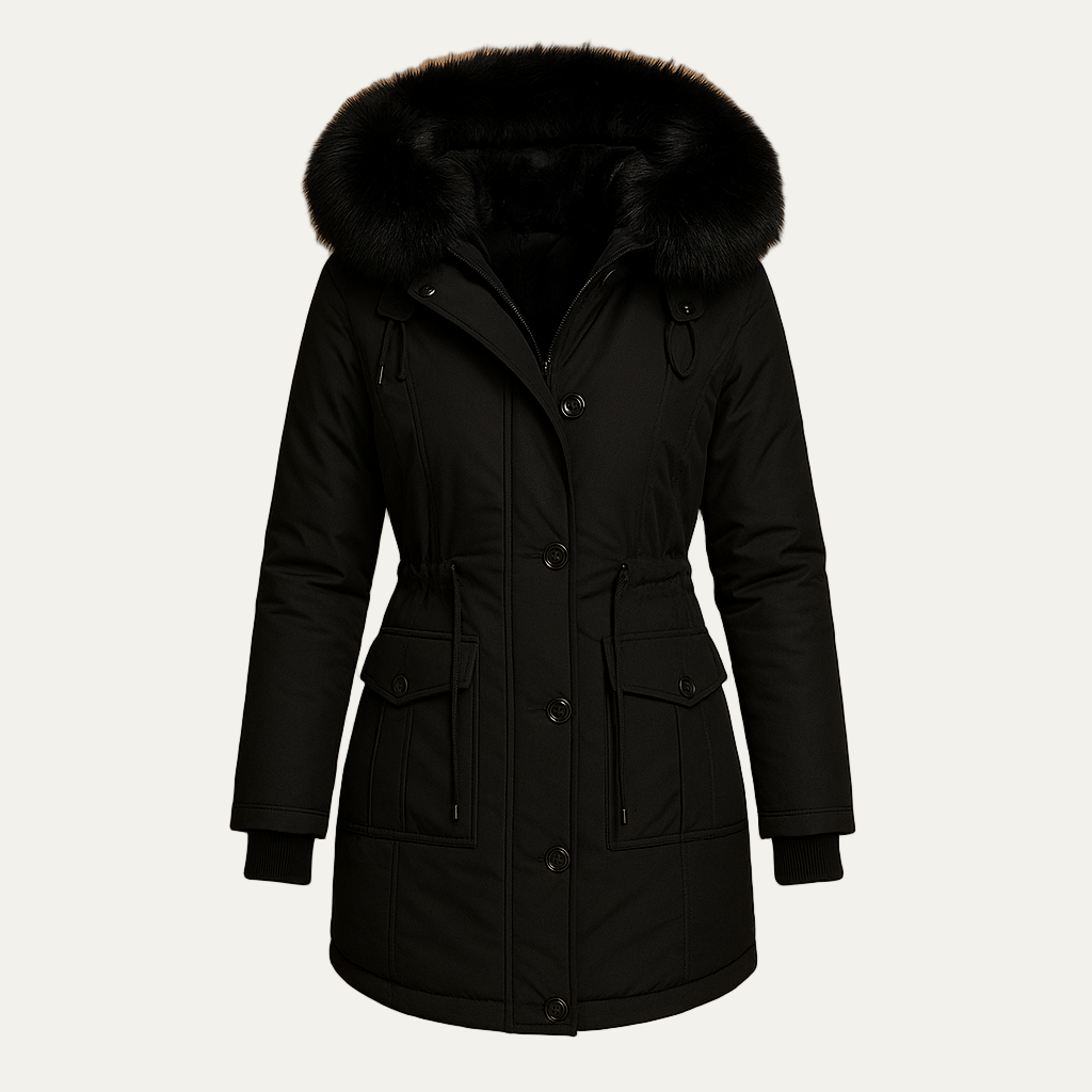 Womens Faux Fur Hooded Parka Cinched Waist