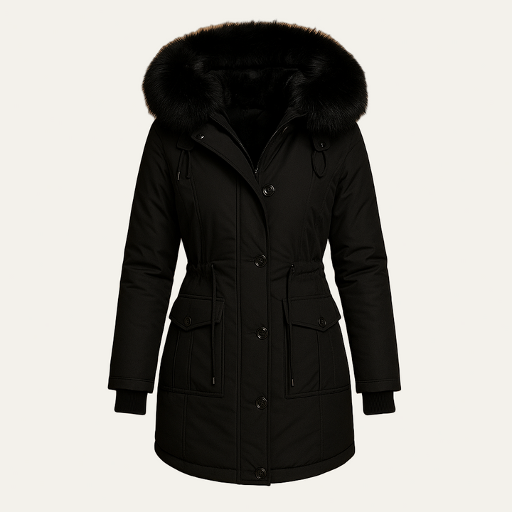 Womens Faux Fur Hooded Parka Cinched Waist