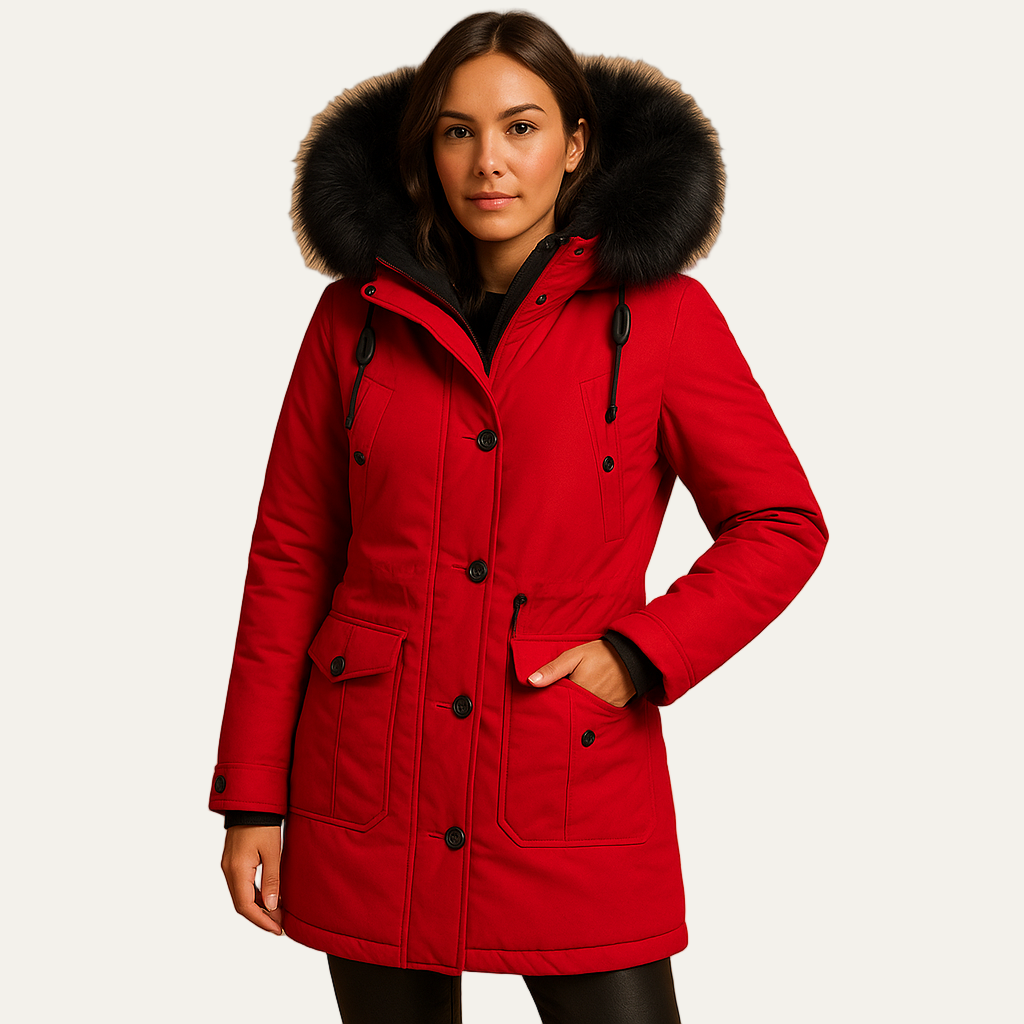 Womens Faux Fur Hooded Parka Cinched Waist