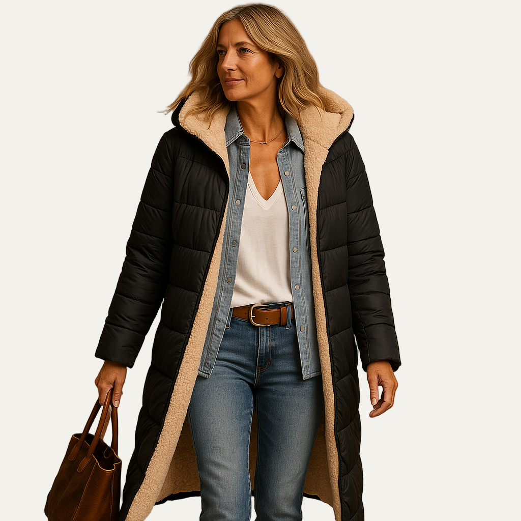 Womens Longline Puffer Coat Sherpa Lined Hooded - BritishMode