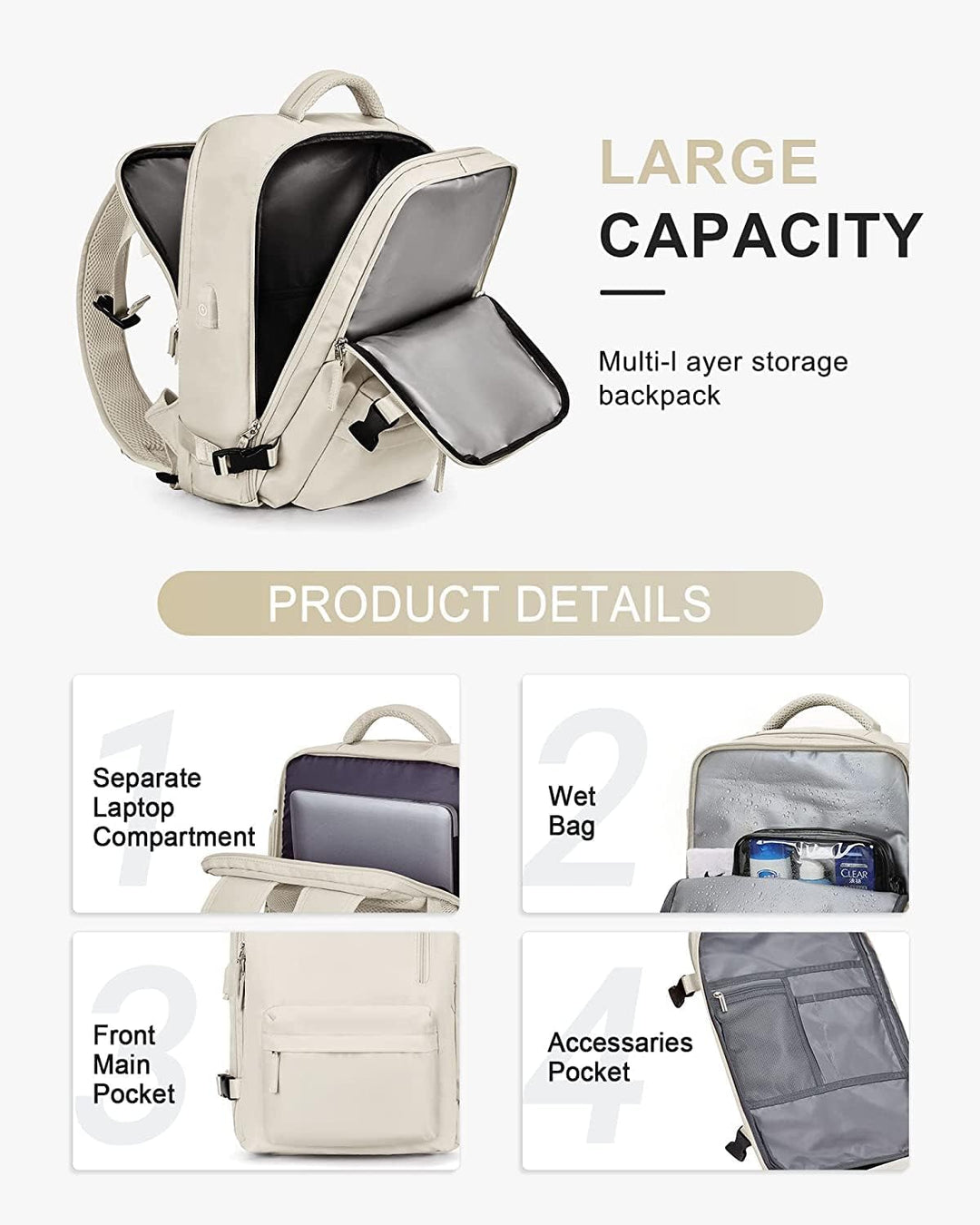 Unisex Travel Backpack Waterproof with Shoe Compartment USB Port