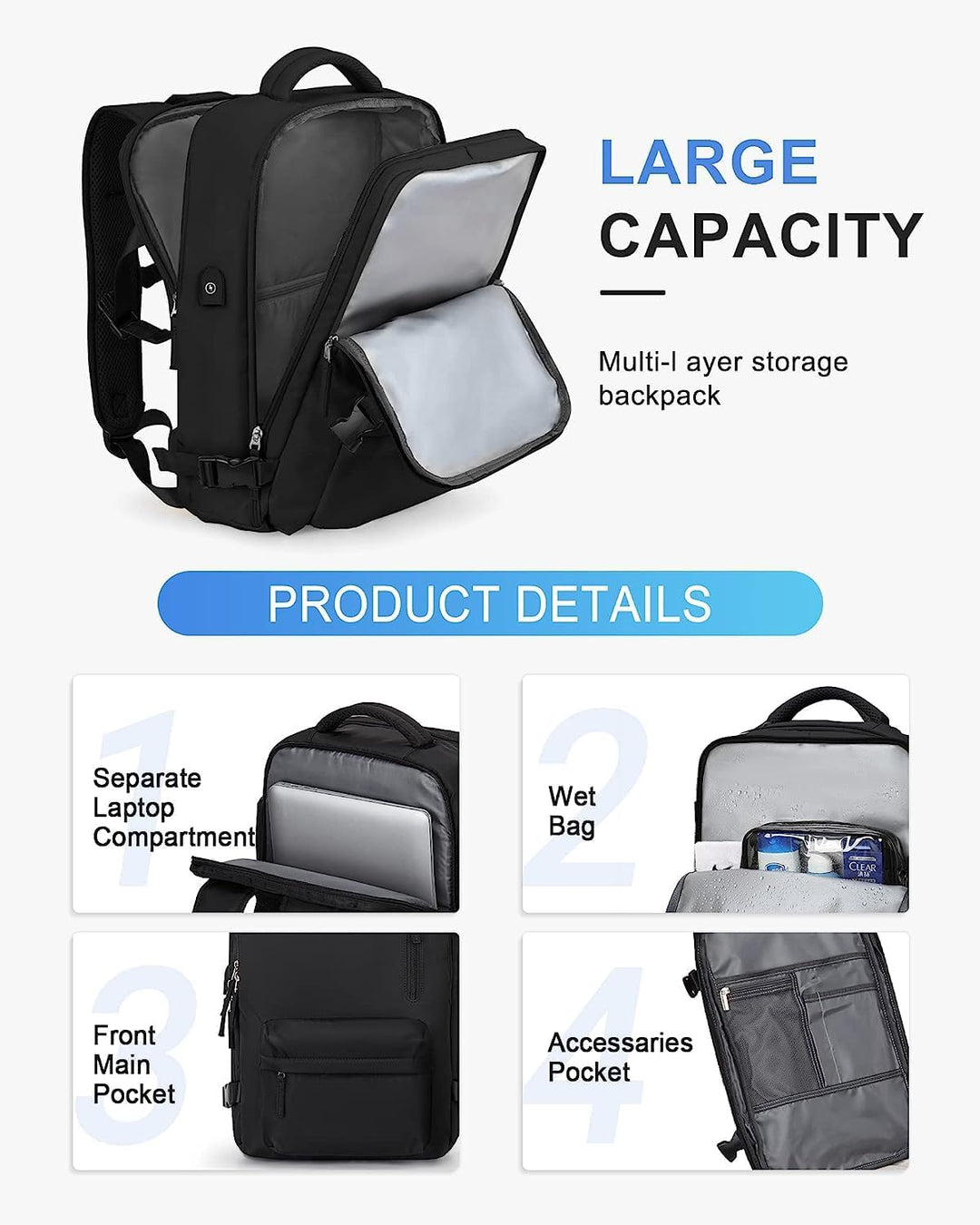 Unisex Travel Backpack Waterproof with Shoe Compartment USB Port