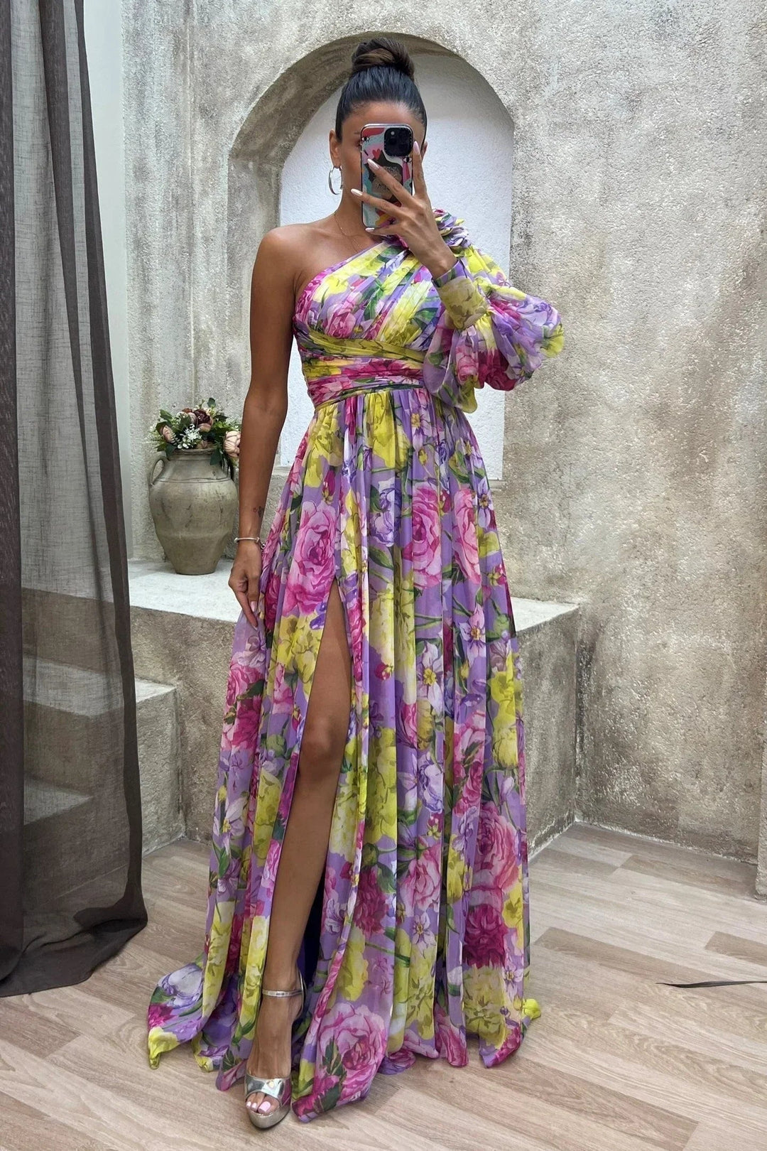 Womens Maxi Dress Floral One Shoulder Long Sleeve High Slit - BritishMode