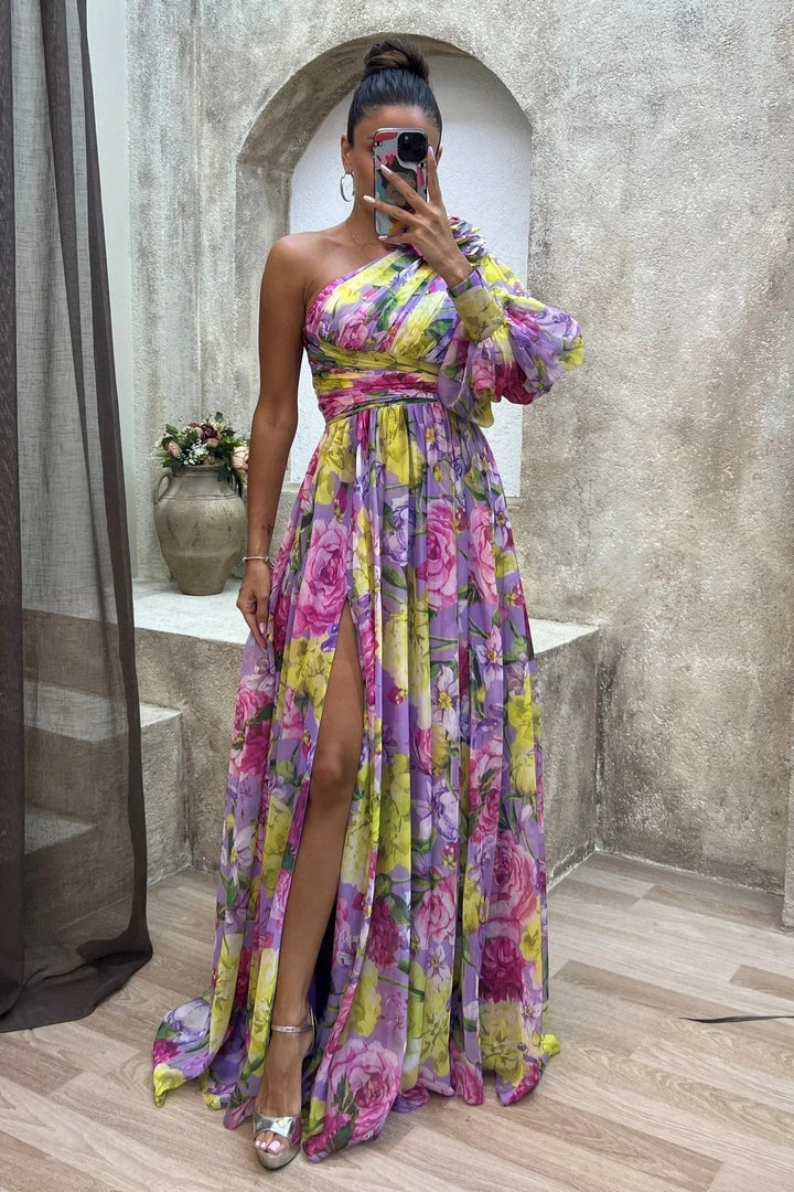 Womens Maxi Dress Floral One Shoulder Long Sleeve High Slit - BritishMode