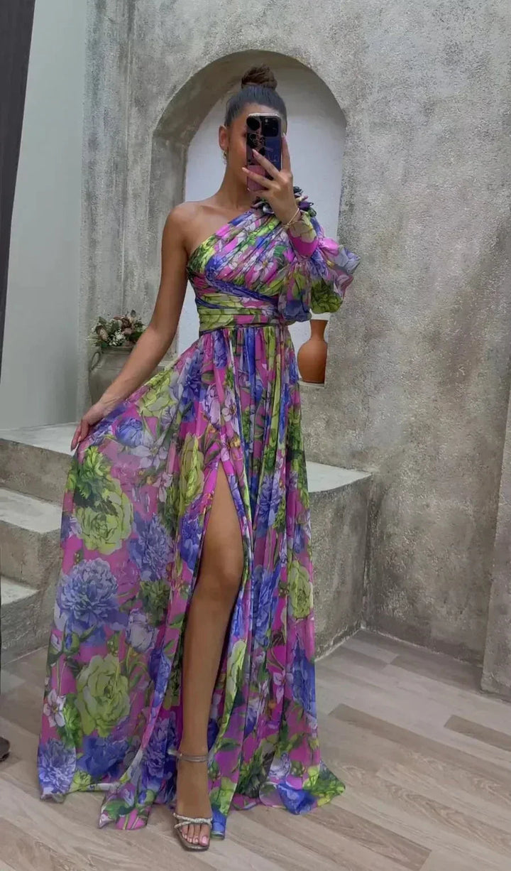 Womens Maxi Dress Floral One Shoulder Long Sleeve High Slit