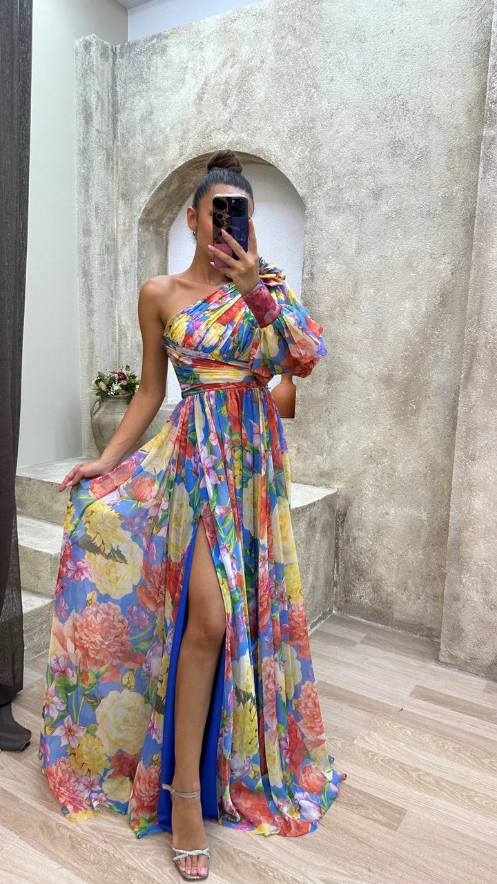 Womens Maxi Dress Floral One Shoulder Long Sleeve High Slit