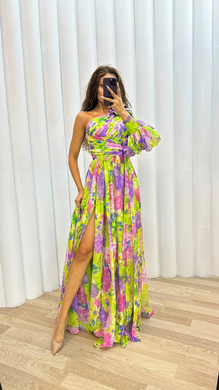 Womens Maxi Dress Floral One Shoulder Long Sleeve High Slit