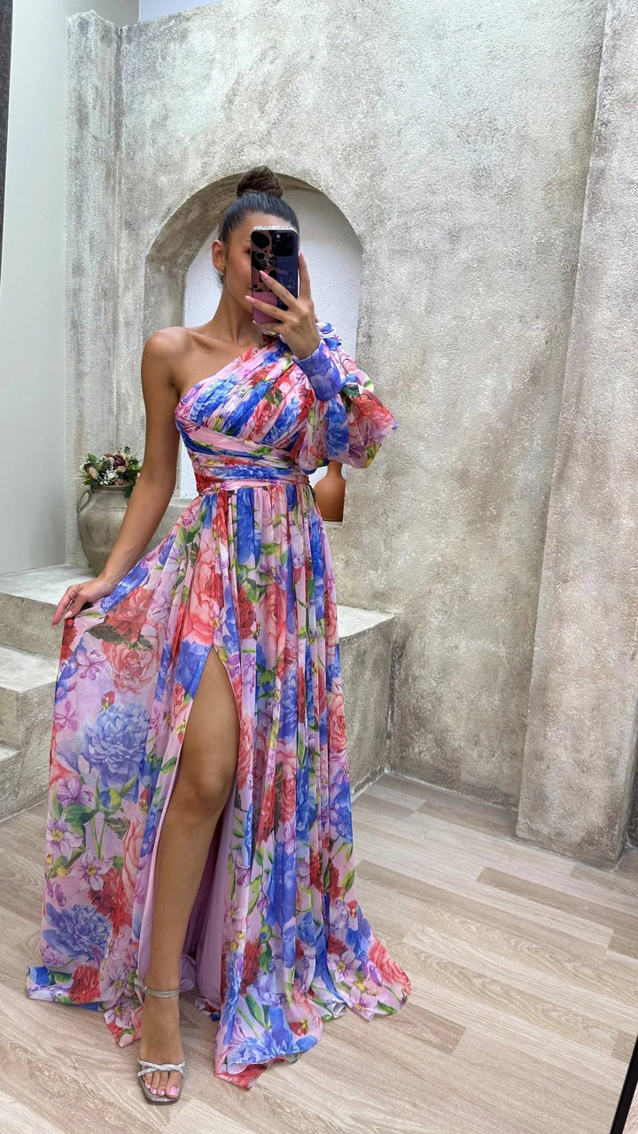 Womens Maxi Dress Floral One Shoulder Long Sleeve High Slit