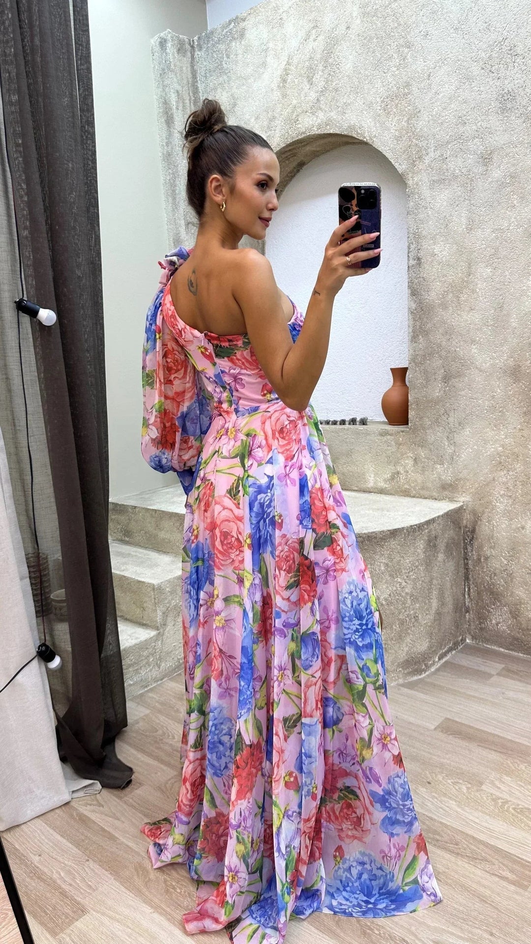 Womens Maxi Dress Floral One Shoulder Long Sleeve High Slit