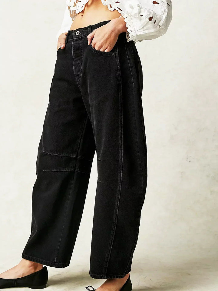 Womens Wide Leg Jeans Button Fly Panel Detail