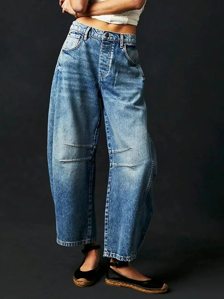 Womens Wide Leg Jeans Button Fly Panel Detail