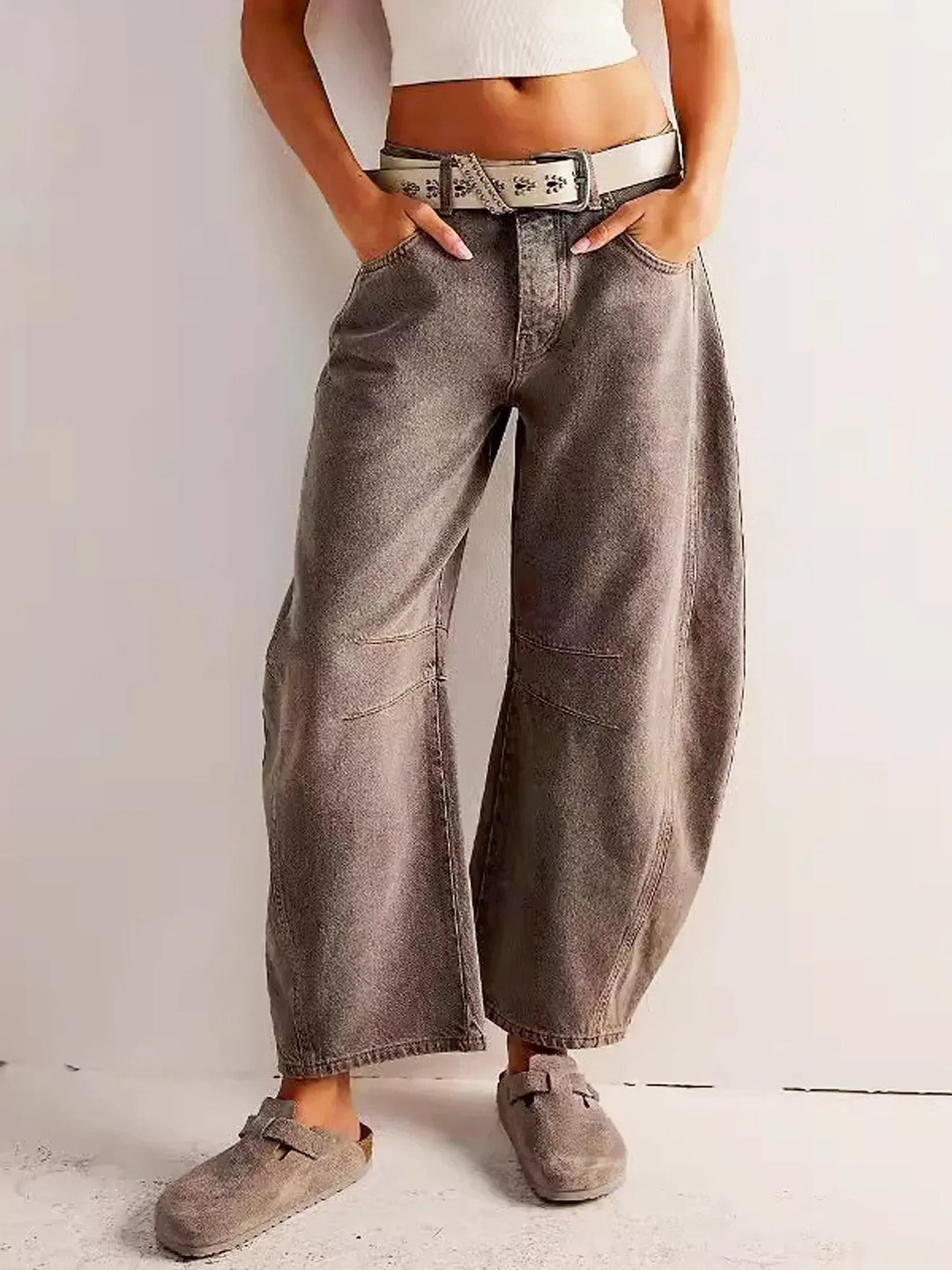 Womens Wide Leg Jeans Button Fly Panel Detail