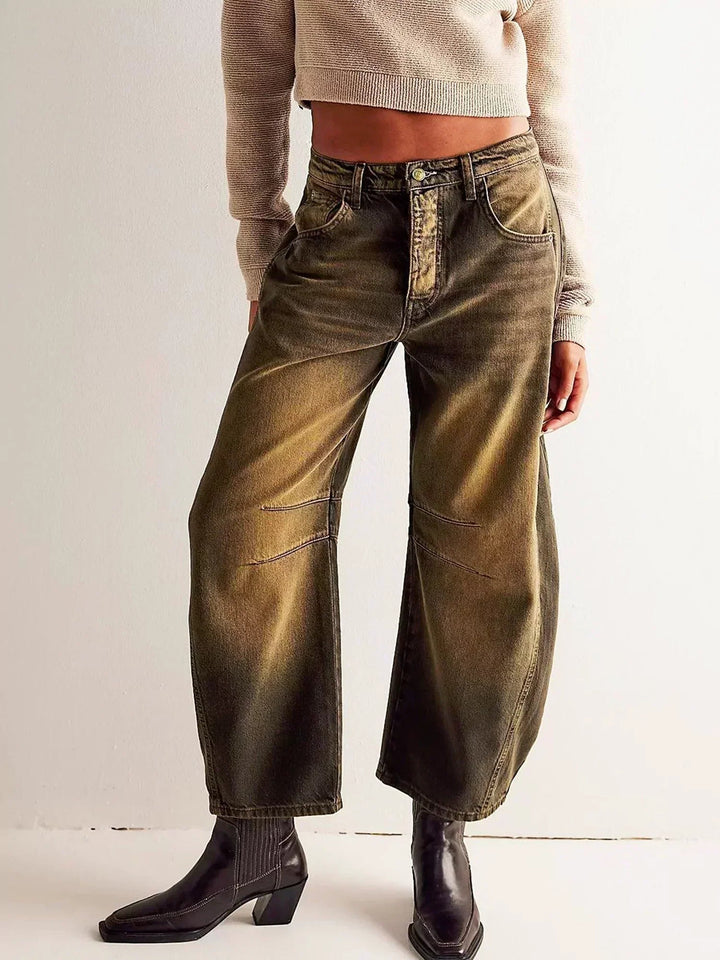 Womens Wide Leg Jeans Button Fly Panel Detail