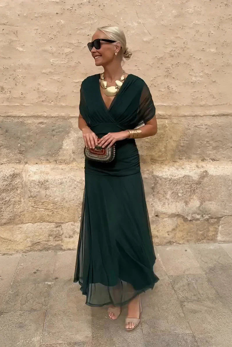 Womens Evening Maxi Dress Ruched V-Neck Short Sleeve - BritishMode