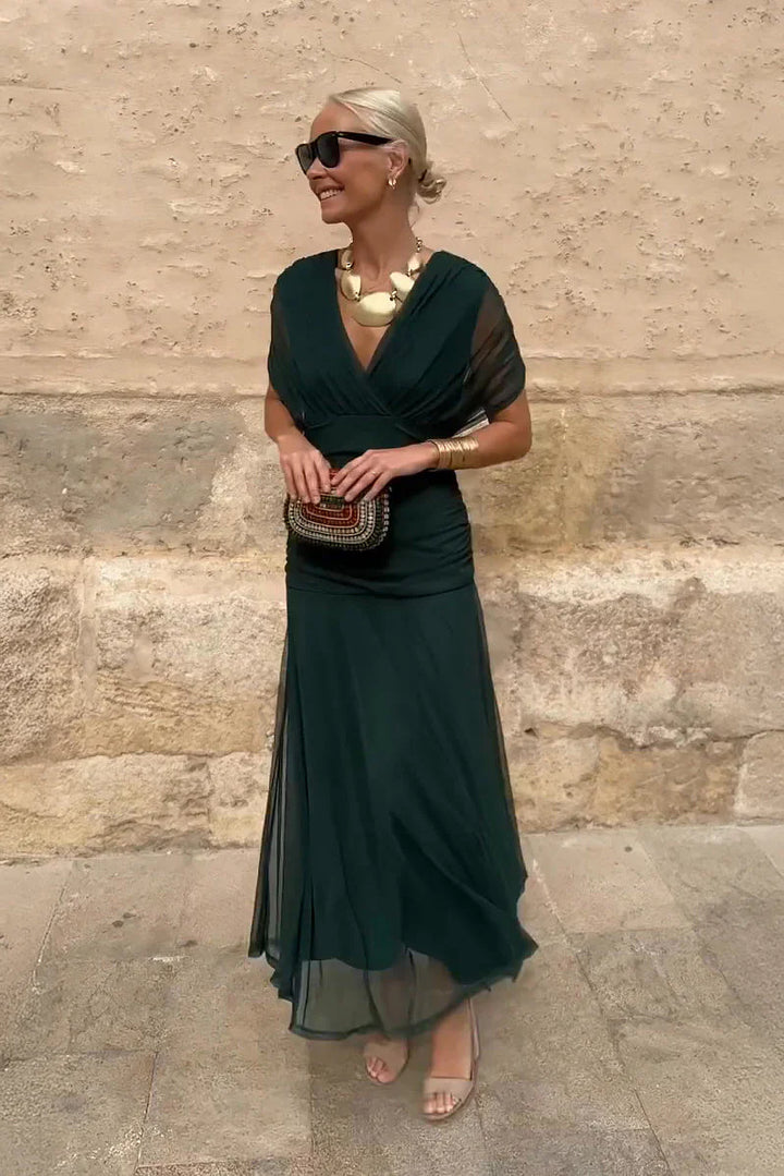 Womens Evening Maxi Dress Ruched V-Neck Short Sleeve - BritishMode