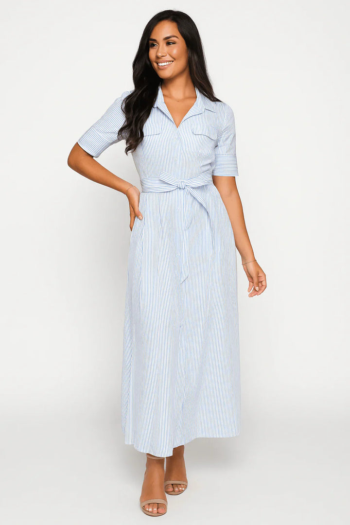 Womens Maxi Dress Cotton Collared Neckline Tie Waist - BritishMode