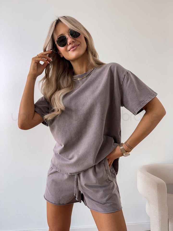 Womens Knit Tracksuit Set Crew Neck Casual Drawstring Shorts