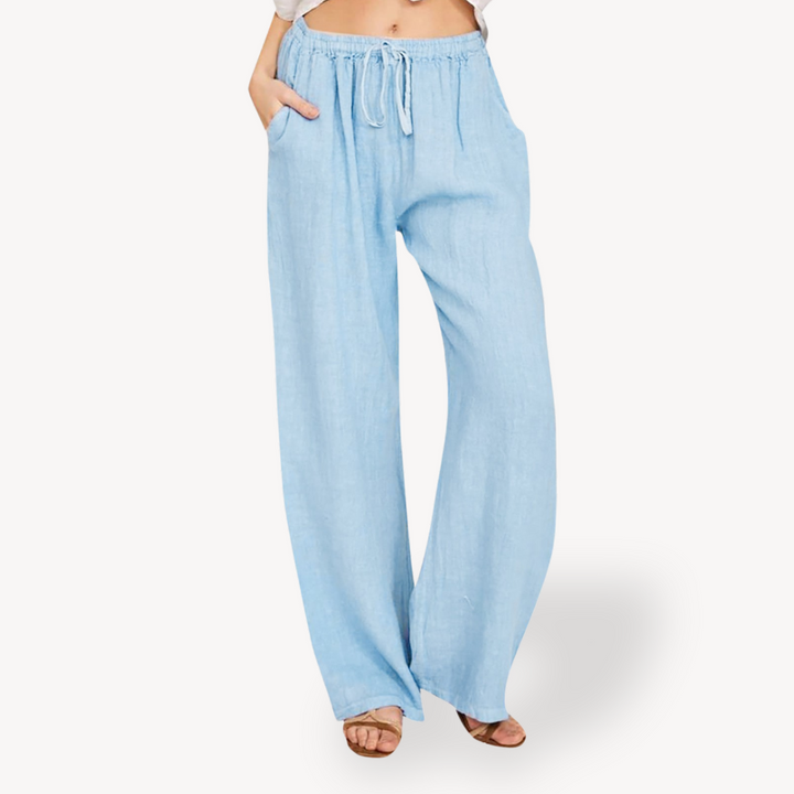 Womens Linen Wide-Leg Pants Drawstring Relaxed Fit