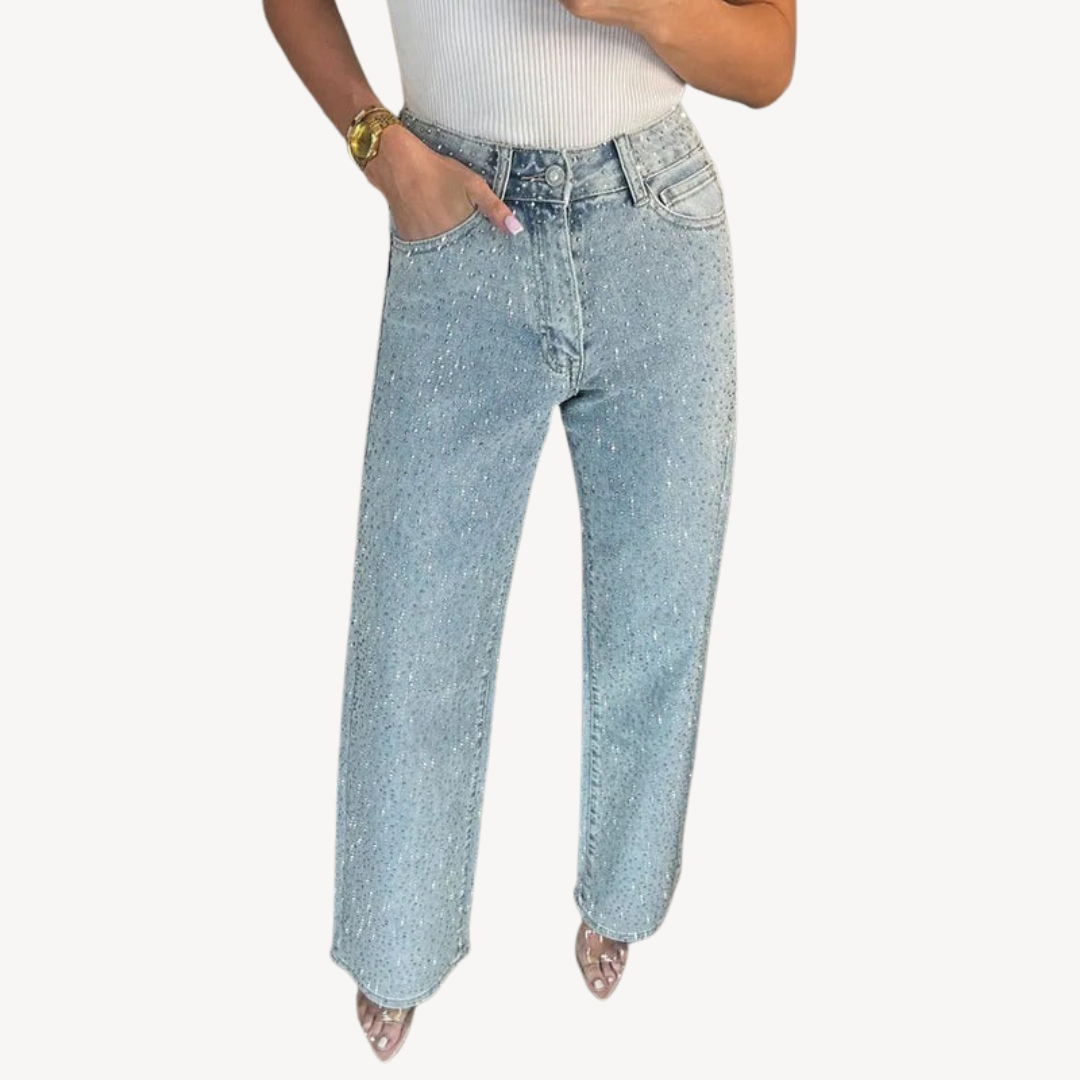 Womens High-Waisted Jeans with Rhinestone Studs Slim Fit