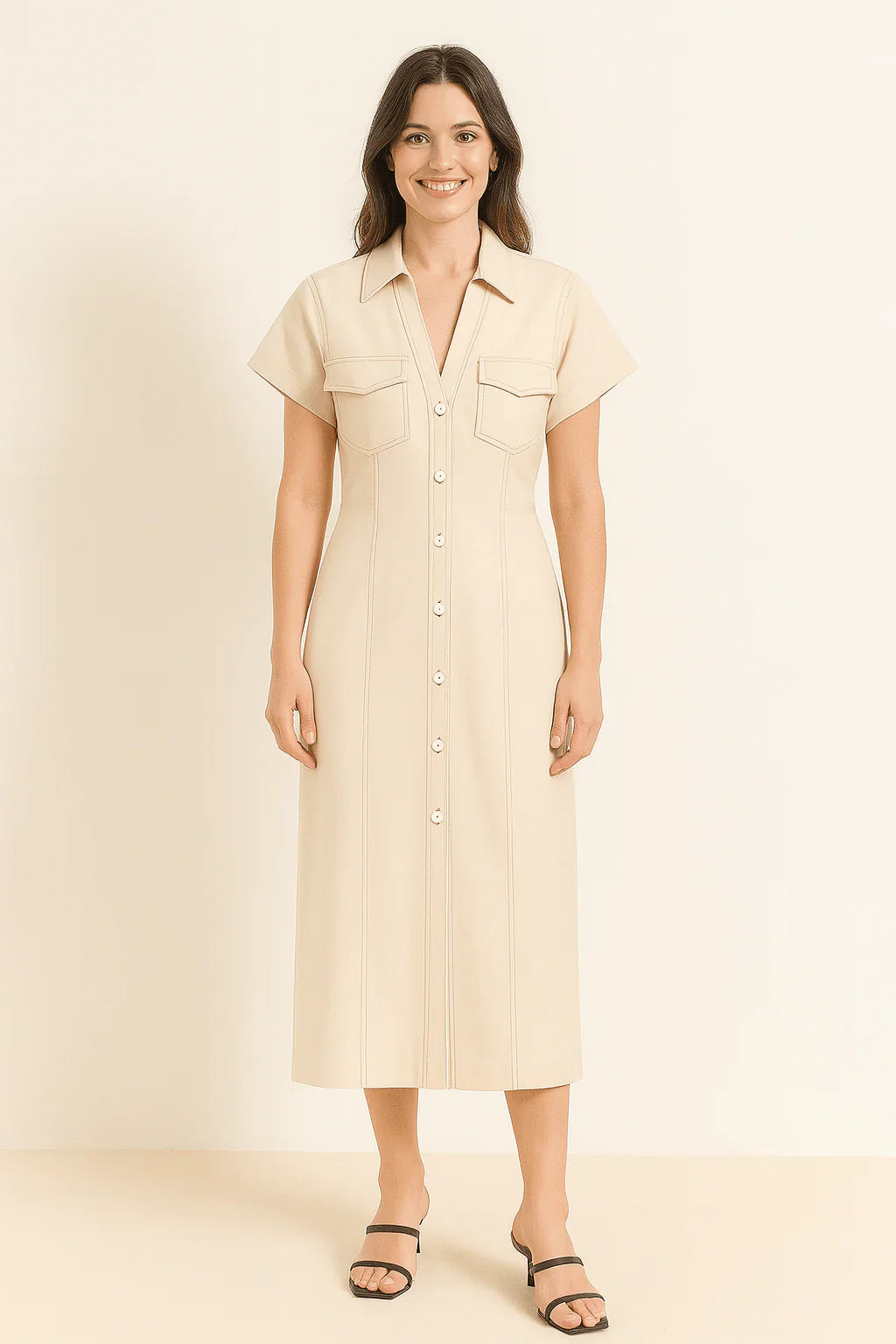 Womens Maxi Dress Cotton Button-Through Collared Neckline - BritishMode