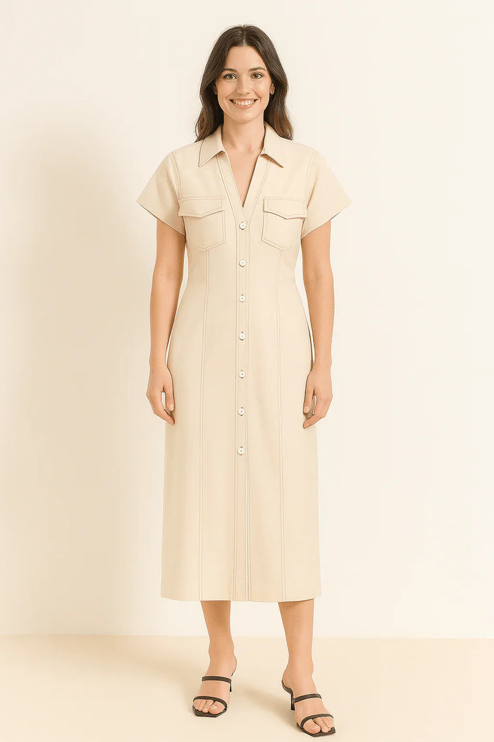 Womens Maxi Dress Cotton Button-Through Collared Neckline - BritishMode