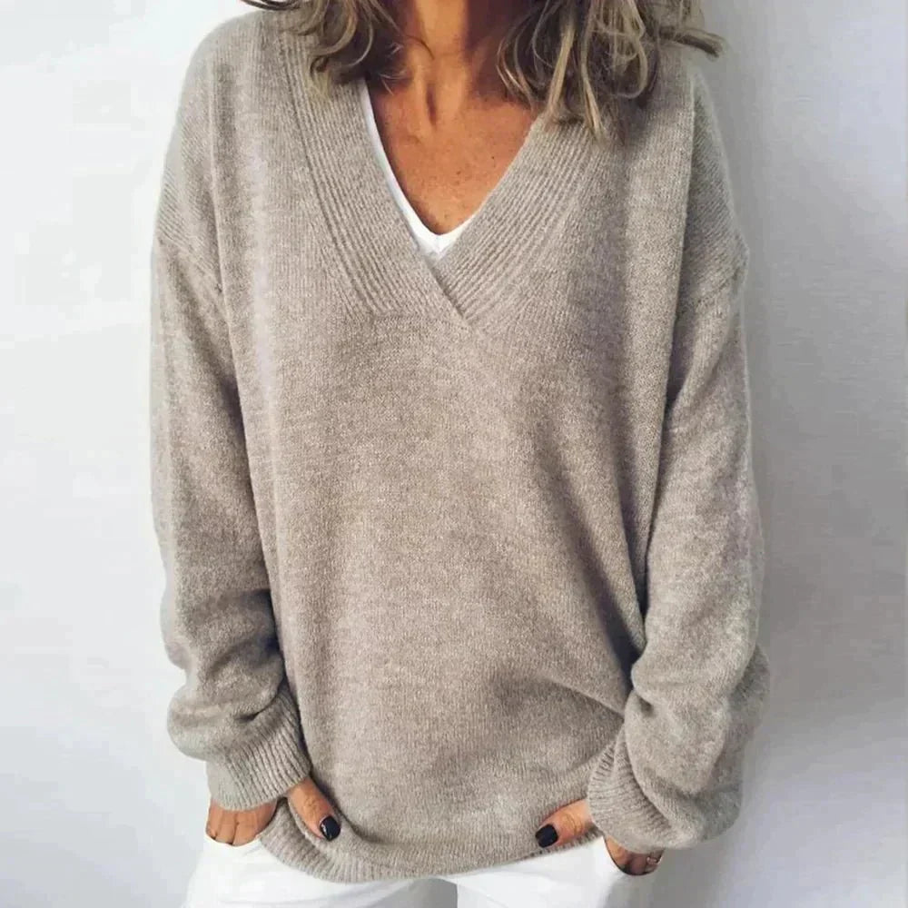 Womens Oversized V-Neck Knit Sweater Relaxed Fit - BritishMode