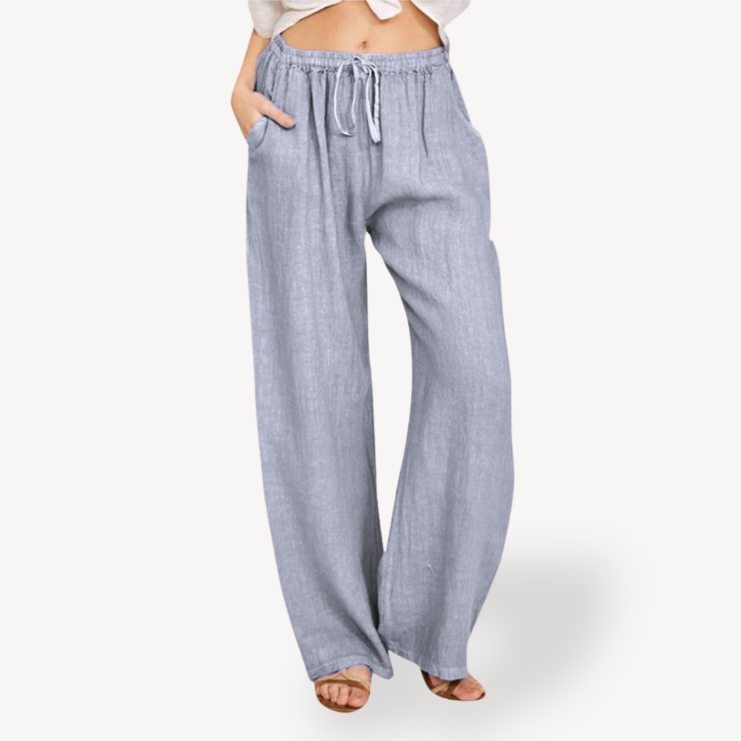 Womens Linen Wide-Leg Pants Drawstring Relaxed Fit