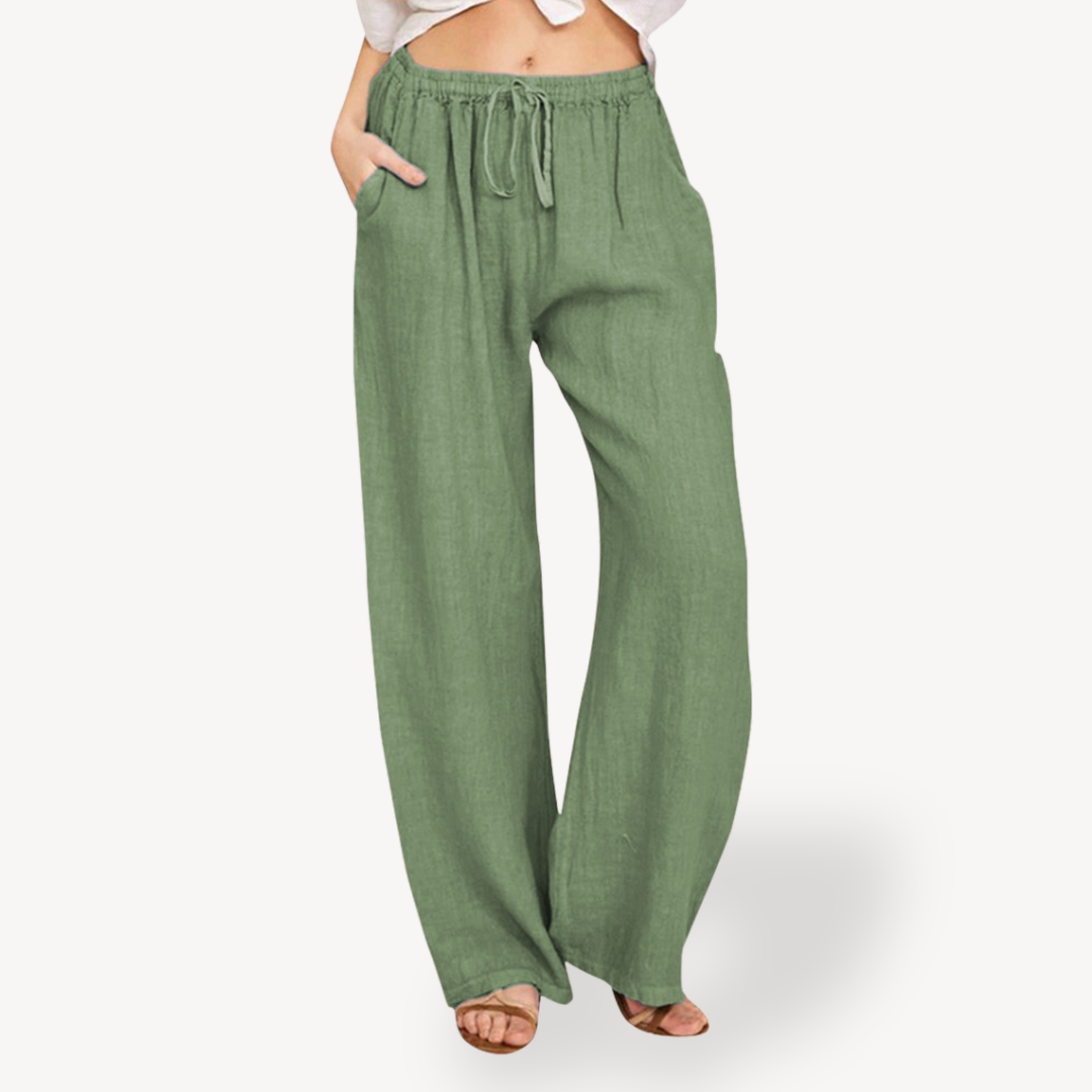 Womens Linen Wide-Leg Pants Drawstring Relaxed Fit