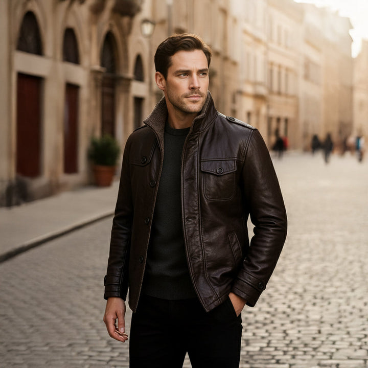 Mens Leather Jacket with Fleece Lining Stand Collar Warm