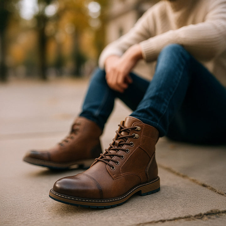 Mens Leather Combat Boots Textured Design