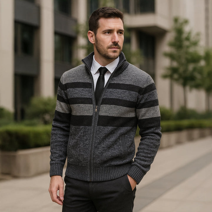 Mens Knit Zip Cardigan Warm Striped Fit