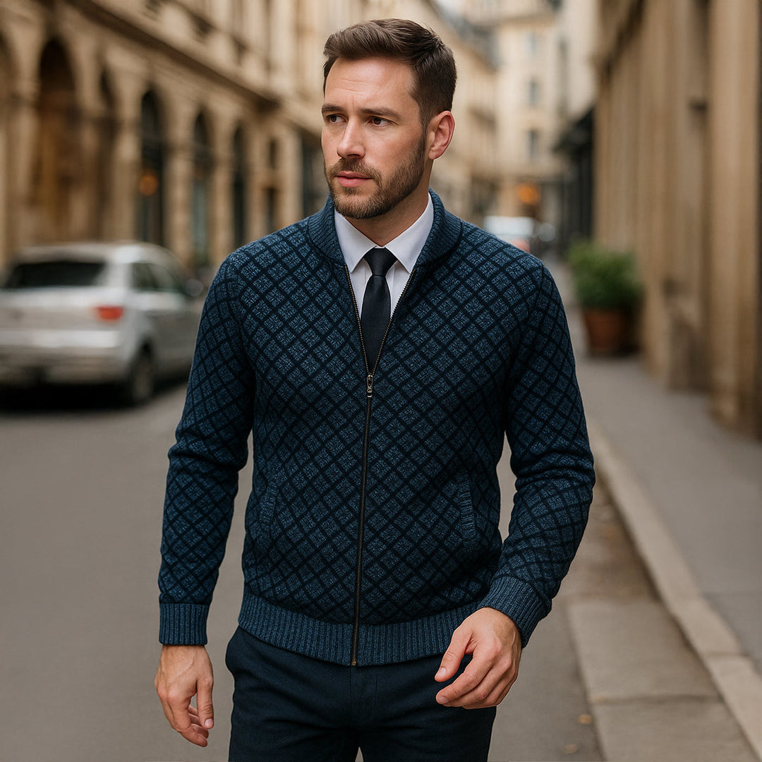Mens Knitted Cardigan Diamond Pattern Zip-Up