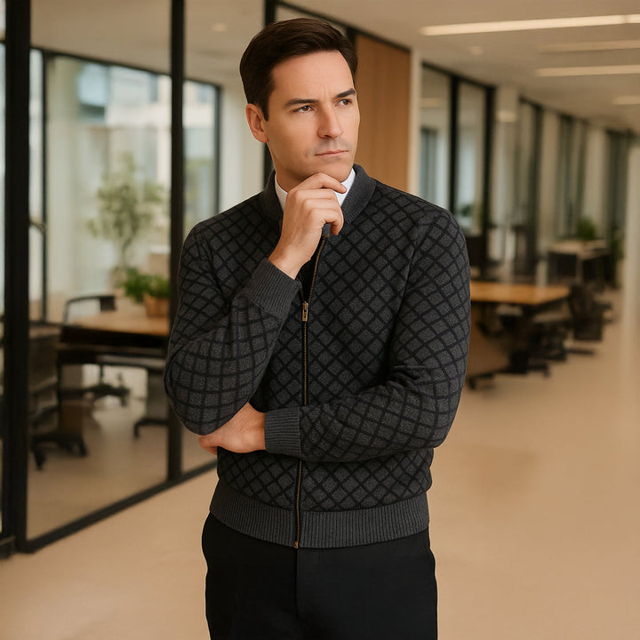 Mens Knitted Cardigan Diamond Pattern Zip-Up