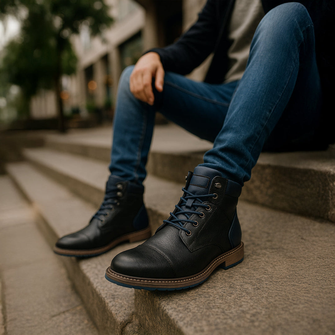 Mens Leather Combat Boots Textured Design