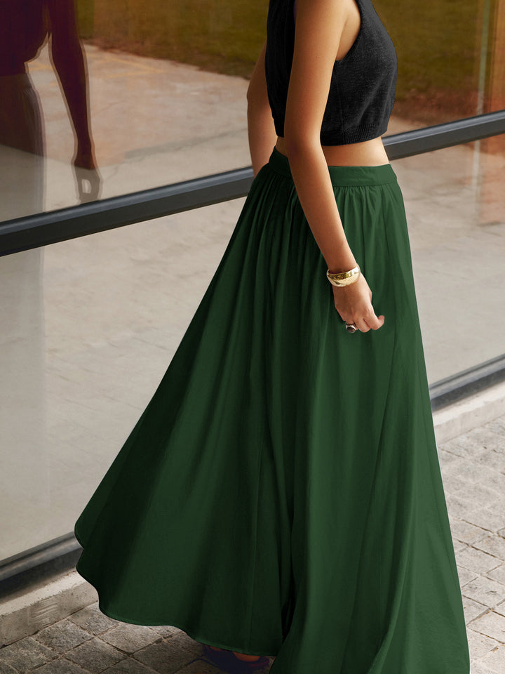 Womens Boho Maxi Skirt Set High Waist Pleated A-Line
