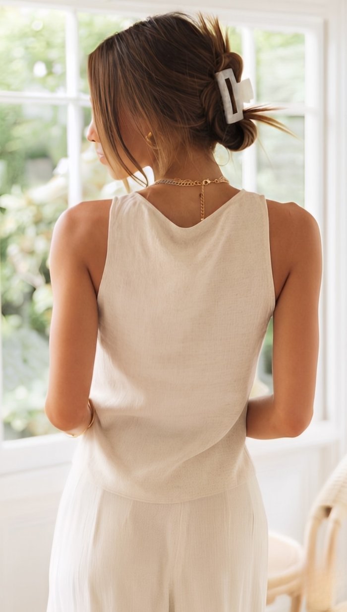 Womens Linen Crop Top with V-Neck and Ruched Drawstring Wide Leg