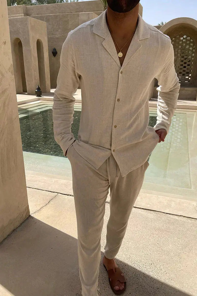 Mens Linen Shirt and Pants Set Relaxed Fit - BritishMode