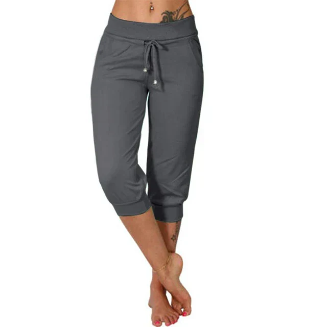 Womens Capri Trousers with Drawstring Waist Relaxed Fit