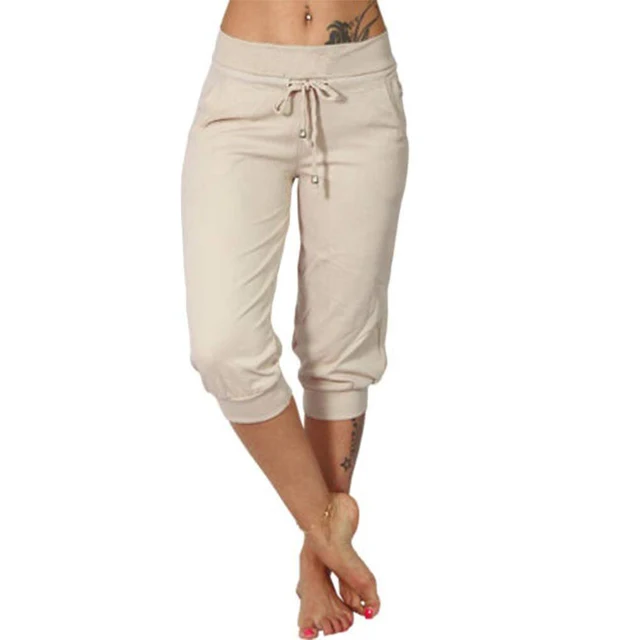 Womens Capri Trousers with Drawstring Waist Relaxed Fit