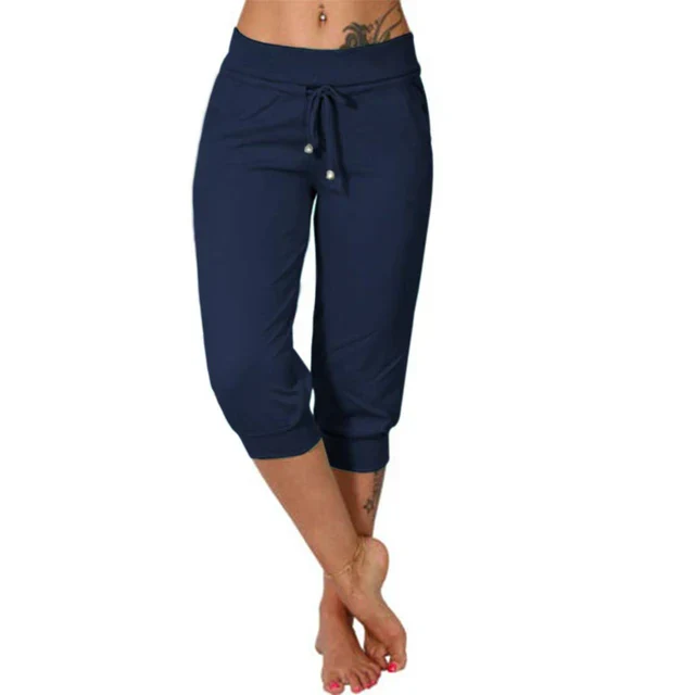 Womens Capri Trousers with Drawstring Waist Relaxed Fit