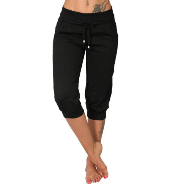 Womens Capri Trousers with Drawstring Waist Relaxed Fit